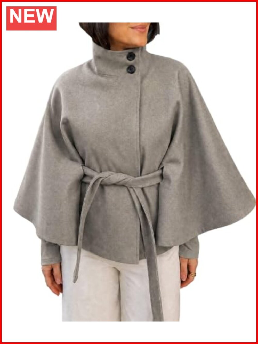Wool blend batwing sleeve cape pea coat with belt